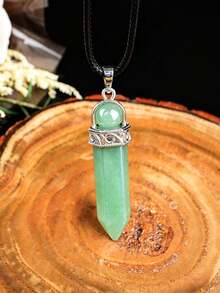 Natural Crystal Hexagonal Pillar Pendant Necklace, Rotating Round Bead Crystal Pillar Charm, Vintage Silver-Tone Leather Cord Necklace, Healing Energy Stone Accessory - Round Bead Single Point Pendant - View 17