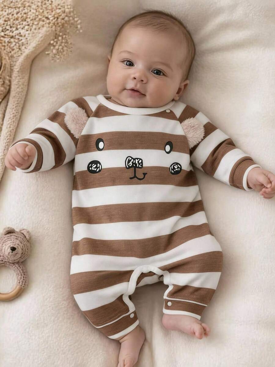 Super Cute Bear 3D Ear Jumpsuit Baby Striped Romper 100-Day Celebration Photo Outfit - Multicolor - View 1