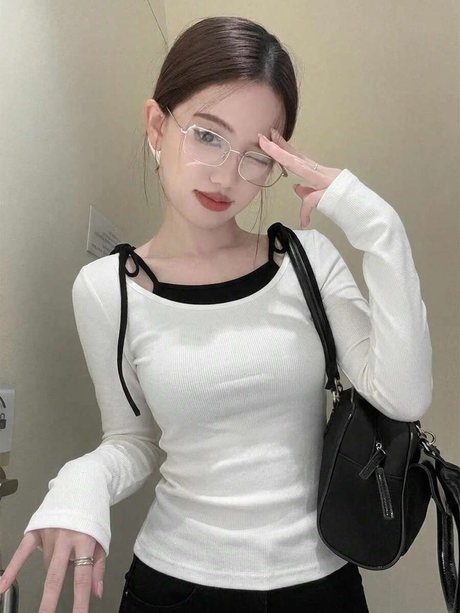 Minimalist Layered Lace-Up Crew Neck T-Shirt, 2 In 1 Top - White - View 1