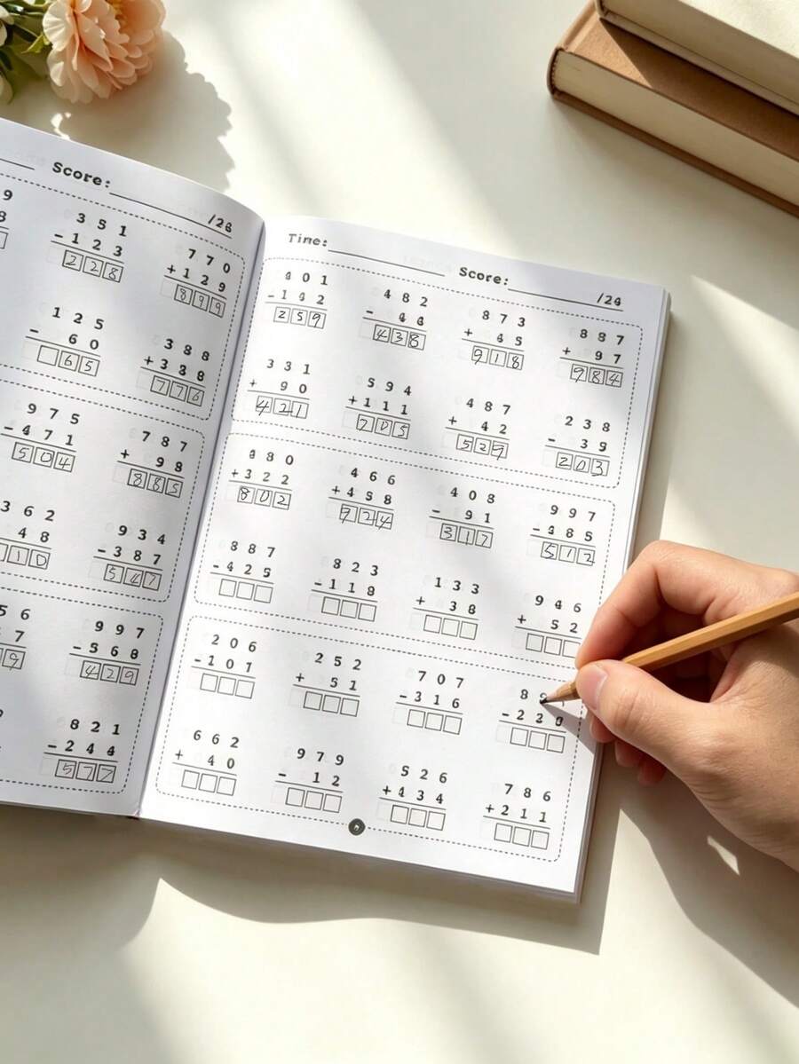 Libro de práctica de 1000 sumas y restas, cuaderno de aprendizaje de matemáticas, 32 páginas, entrenamiento de cálculo rápido de matemáticas para niños, libro de práctica de matemáticas elementales, material de educación en el hogar, suministros de enseñanza para el hogar y la escuela, esencial para el maestro, regalo de aprendizaje, regalo de Navidad/regalo de cumpleaños - Multicolor - Ver 1