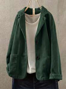 Jaket Blazer Corduroy Kasual Lengan Panjang Warna Polos untuk Wanita Ukuran Plus - Dark Green - View 2