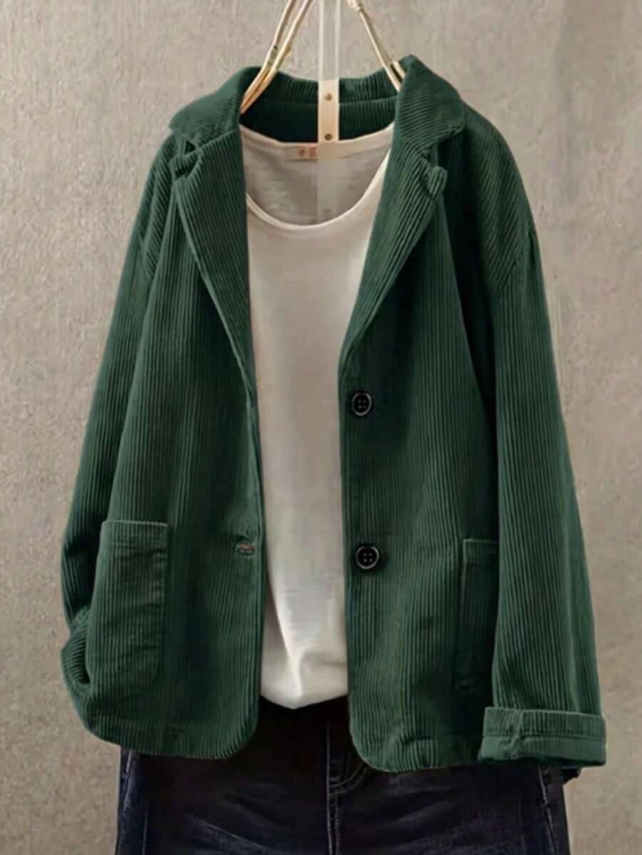 Jaket Blazer Corduroy Kasual Lengan Panjang Warna Polos untuk Wanita Ukuran Plus
