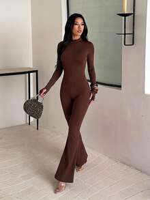 Autumn Solid Color Long Sleeve Flared Leg Jumpsuit, Street Casual Basic Party - Brown - View 5