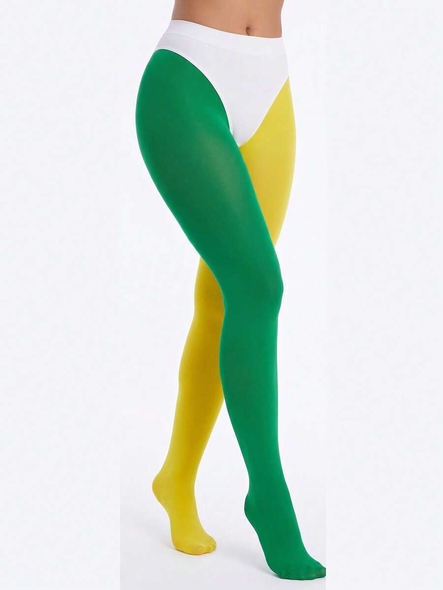 1 Pair Christmas Carnival Color Block Tights Green Yellow Two Tone Patchwork High Elasticity Pantyhose Festival Party Wear - Multicolor - View 1