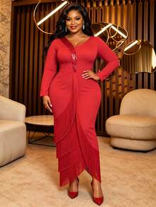 Plus Size Women Elegant Red Sequin Fringe Dress V Neck Long Sleeve Layered Tassel Split Formal Church Evening Wedding Guest Party Maxi Dresses - Red - View 6