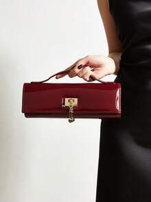 REMANLAND Glossy Burgundy Handbag, Minimalist Square Design, Gold Hardware Accents, Decorative Pendant Chain, Fashionable Choice For Dinner Dates And Parties - Burgundy - View 2
