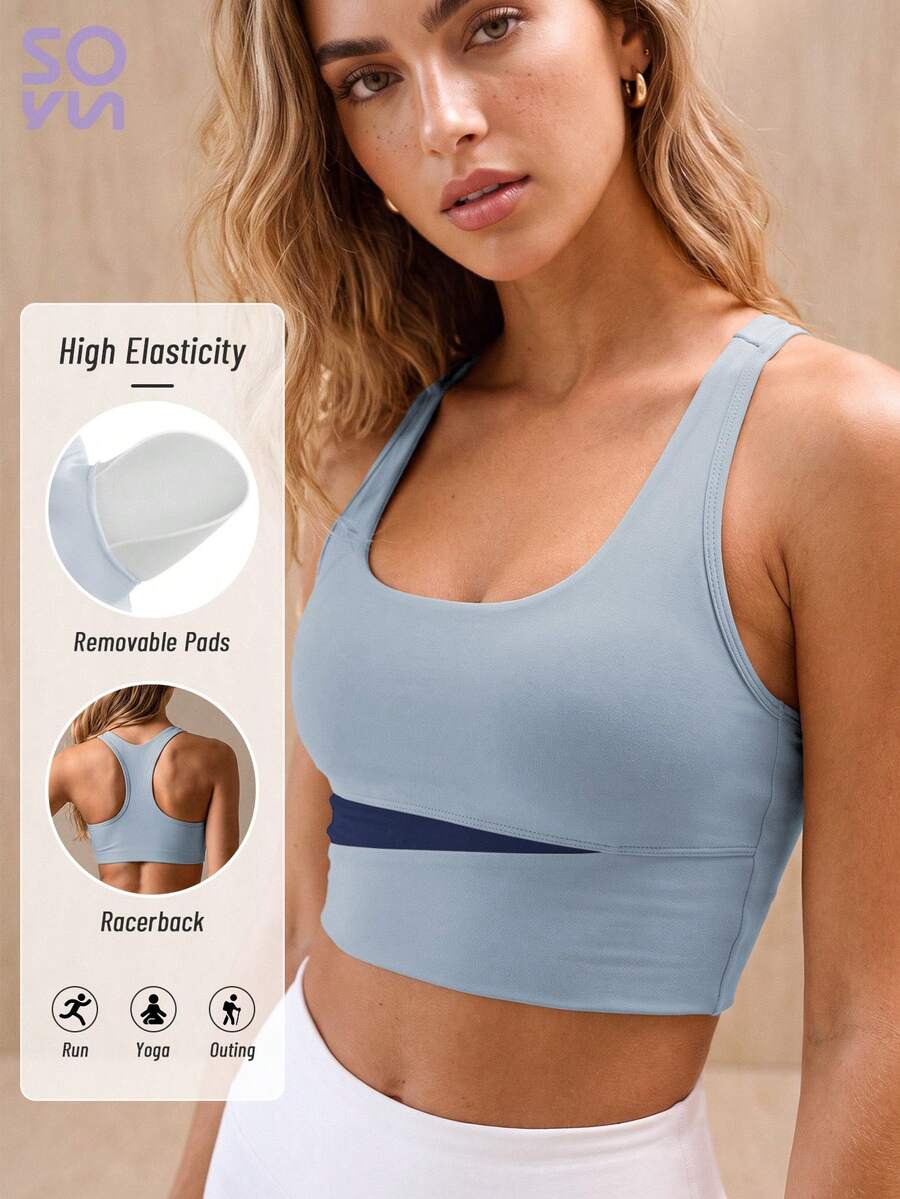 Soyun New Colorblock Tank Top Bra, Removable Padding, H-Back, Suitable For Daily Casual, Outdoor Activities, Fitness And Yoga Sports Summer - Blue - View 1