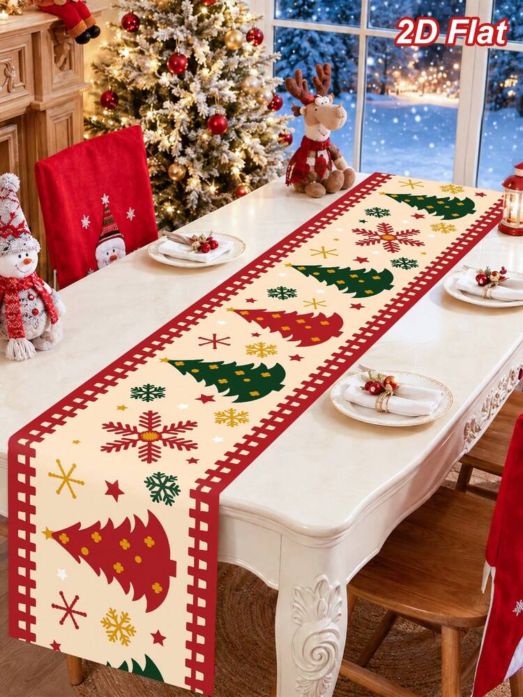 1pc Christmas Table Runner With Red And Green Christmas Tree And Snowflake Pattern, 180*35cm Polyester Christmas Tablecloth, Table Cover, Merry Christmas, Christmas Decoration, Xmas Decor, Christmas Decor, Christmas Dining Table Decoration, Kitchen And Dining Room Table Decoration, Holiday Party Decoration, Winter Home Decor, Indoor And Outdoor Use - Multicolor - View 1