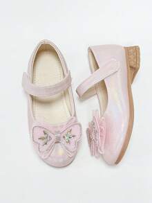 1 Pair Girls' Gentle Nude Pink Princess Shoes, Hook And Loop Mesh Rhinestone Bow Mary Jane Shoes, Versatile For Birthday, Party, Performance - Pink - View 5
