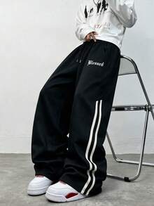 SU ER Men's Summer Casual Drawstring Elastic Waist Loose Draped Lazy Wide Leg Long Pants - Black - View 2