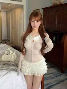 Sweet Sexy Peter Pan Collar Inner Layer Knit Cardigan Lace Trim Women's Top - Apricot - View 5