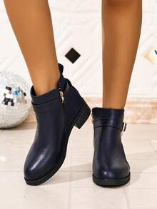 Women's Autumn/Winter Solid Color Dual-Panel Fabric + Metal Buckle Side Zipper Design, Suitable For Daily Commute And Gatherings, Pairs Elegantly With Coats + Skirts, Versatile For Multiple Styles, Comfortable Flat Sole, Suitable For Long-Term Wear, Breathable Fabric Lining, Easy-To-Clean Upper, Fashionable British Autumn Ankle Boots - Navy Blue - View 5