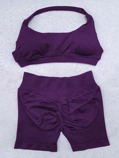 Women's Seamless Camisole Training 2-Piece Set, High Elasticity Fitness Wear, Sports Bra With Removable Built-In Padding + High Waist Bike Shorts, Suitable For Fitness Training
