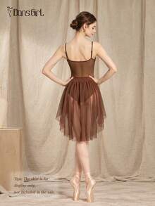 DonsGirl 1pc Women's Romantic Floral Print Mesh Ballet Leotard, Ruched V-Neck Spaghetti Strap Jumpsuit, Suitable For Dance Performance And Daily Wear - Coffee Brown - View 9