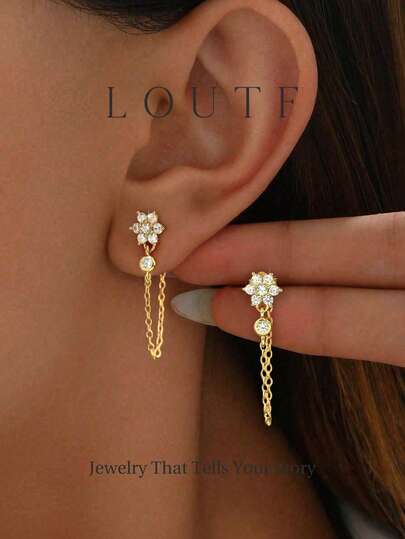 Newsoul 1 paire de boucles d'oreilles à tige avec chaîne et franges en zircone brillante pour femmes, convient pour le port quotidien, mariage, fête, anniversaire, cadeau de bijoux