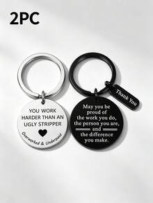 2pcs Stainless Steel Engraved Keychain, Black & Silver Round Key Ring, Funny Thank You Gift For Coworker Employee Office Appreciation - Multicolor - View 6