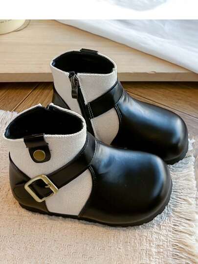 1 Pair Girls' Colorblock Ankle Boots, Leather & Fabric Patchwork With Metal Buckle Side Zipper Soft Sole Children's Vintage Boots, Spring/Autumn