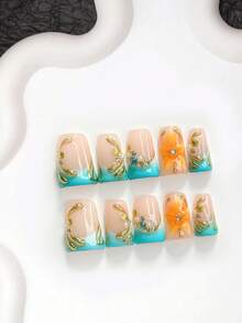10件/組 精緻手工穿戴式美甲，Polygel美甲套組，花卉圖案，黃色與藍色指甲油，時尚風格，包含美甲工具，3種尺寸可選，杏仁形、鴨嘴形、棺材形，適合派對、跳舞、日常配戴（手工細節可能有所不同） - 彩色 - 查看 18