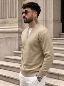 Lookun Men's Faux Two Pieces Half-Button Crew Neck Knit Sweater, Loose Fit Drop Shoulder Knit Top, Autumn/Winter - Apricot - View 4