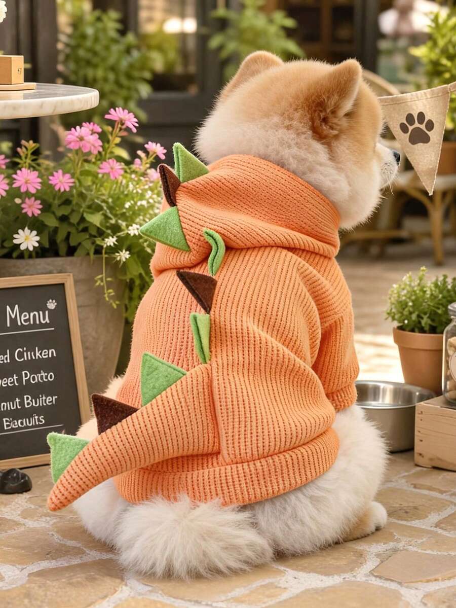 1件寵物衣服 狗貓服飾 秋冬可愛毛絨恐龍造型裝扮服-橘色 - 橘色 - 查看 1