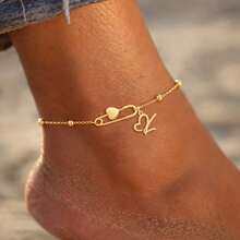 1pc Simple Classic Hollow Heart Initial Pin Gold Color Stainless Steel Bead Chain Anklets For Women - Yellow Gold - View 1
