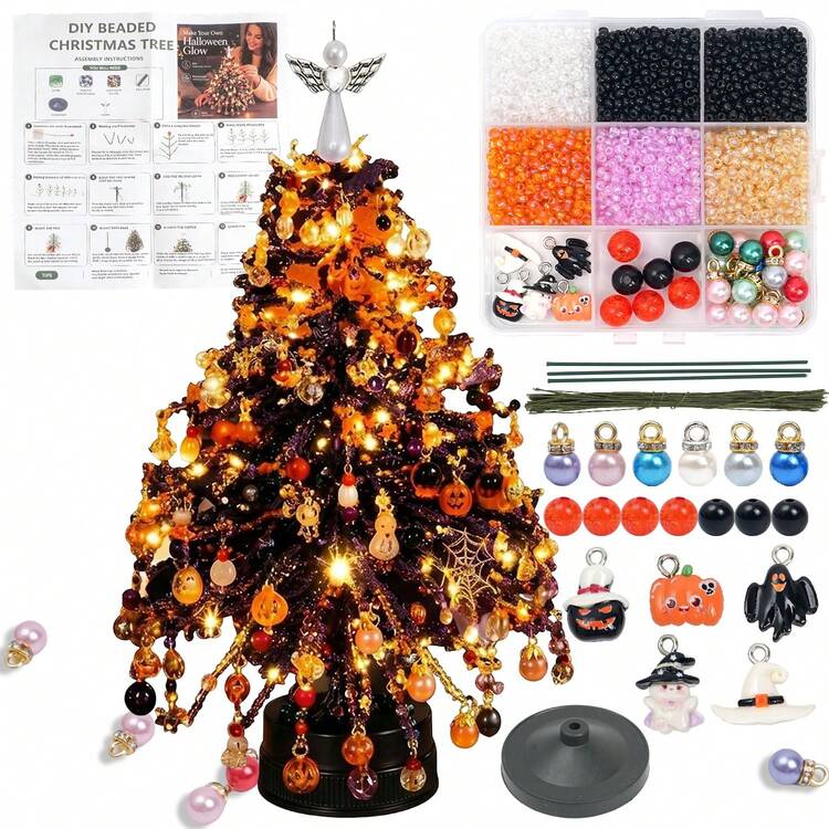 Handmade Beaded Halloween Tree Material Kit - DIY Desktop Fun Tree Making Set, Includes Seed Beads/Angel Tree Topper/Pumpkin Lantern Bat Pendant/Wire Base, For Halloween Table Centerpiece And Party Gift - Brown Halloween Style - View 2