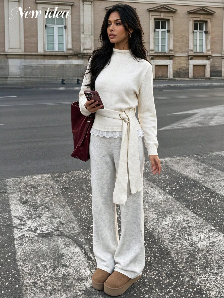 NEW IDEA Women's Casual Off‑White Fall Winter Sweater, Knit Top With Metal Buckle Belt And Lace Hem Splicing For Daily, Commute, Dating, Going Out - Apricot - View 1