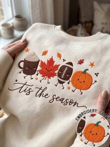 Tis The Season Fall Embroidery Design, Thanksgiving Football Machine Embroidery, Cozy Sport Mom, Women's Drop Shoulder Casual Crew Neck Long Sleeve Sweatshirt - Multicolor - View 1
