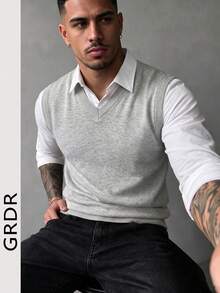 GRDR Men's Solid Color V-Neck Casual Versatile Knit Vest - Light Grey - View 4