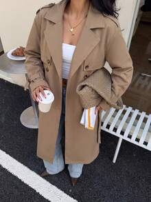 Women's Fashion Khaki Double-Breasted Mid-Length Lapel Coat, Vintage Tie Waist Long Sleeve Trench Jacket, Suitable For Autumn/Winter - Camel - View 7