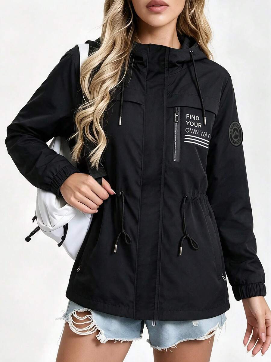 Women's Fashion Casual Autumn Hooded Drawstring Waist Cardigan Jacket - Black - View 1