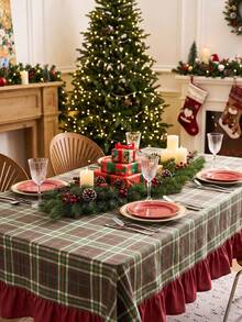 1pc Green Brown Red Classic Large Plaid Tablecloth Traditional Country Style Rectangular Burgundy Ruffle Edge Pleated Detail Stain-Resistant Protective Tablecloth For Home Long Table Suitable For Christmas Family Gathering And Winter Holiday Dining Room Decor - Green - View 5
