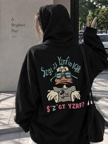 Women's Loose Casual Cartoon Duck Print Hooded Sweatshirt, Versatile For Autumn & Winter,Long Sleeve Tops - Black - View 3
