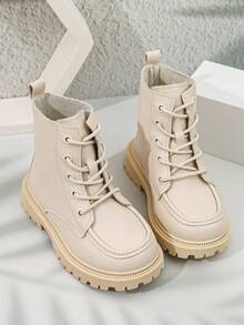 1 Pair Boys Girls Solid Color Cool Lace-Up Classic Boots, Suitable For Autumn/Winter Outdoor Ankle Boots - Beige - View 4