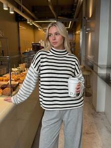 Joy Knit Women's Sweater Autumn/Winter Fashion New Style - Minimalist Casual Versatile Home Daily Outing Outfit - Round Neck Retro Striped Color Block Loose Sleeve Knit Pullover Sweater Long Sleeve - Office Outfits For Women - Going Out Tops - Party - White - View 4
