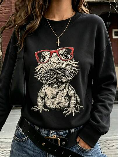 Fall Outfit For Women Bearded Dragon Glasses Graphic Crewneck Sweatshirt Loose Sketch Reptile Print Quirky Ladies Casual Top