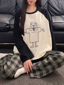2pcs/Set Women's Pajamas Loungewear Set, Young Casual Pullover Round Neck Couple Style Long Sleeve Long Pants, Comfortable Home Style - Black and White - View 7