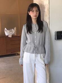 Women's Autumn/Winter Raglan Long Sleeve Waist Tie Casual Knit Cardigan - Grey - View 4