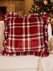 1pc/2pcs Christmas Plaid Ruffle Throw Pillow Covers 18x18 Inch Scottish Tartan Cushion Case For Farmhouse Home Holiday Decor(Big Red) - Red - View 1