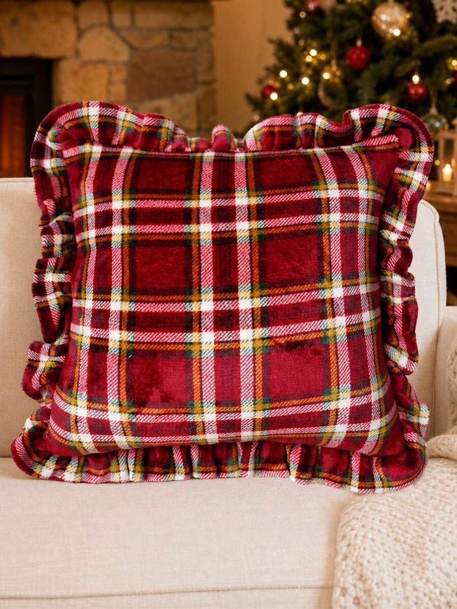 1pc/2pcs Christmas Plaid Ruffle Throw Pillow Covers 18x18 Inch Scottish Tartan Cushion Case For Farmhouse Home Holiday Decor(Big Red) - Red - View 1