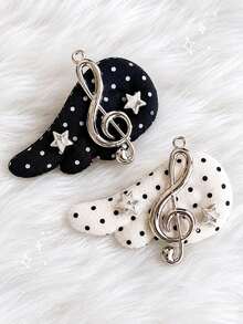 2pcs/Set Musical Note Angel Wing Hair Clips | Black & White Polka Dot Edge Clips | Vintage Sweet & Cool Hair Accessories - Black and White - View 1