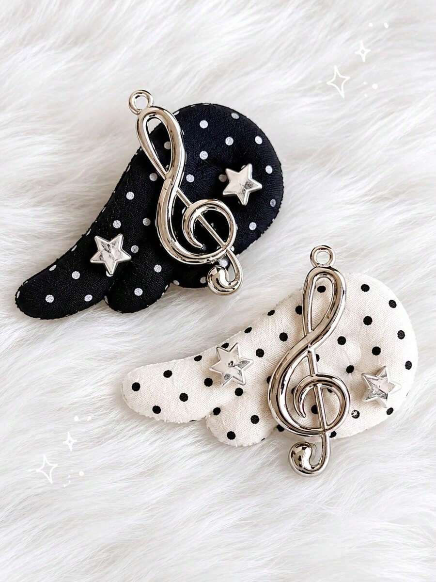 2pcs/Set Musical Note Angel Wing Hair Clips | Black & White Polka Dot Edge Clips | Vintage Sweet & Cool Hair Accessories - Black and White - View 1