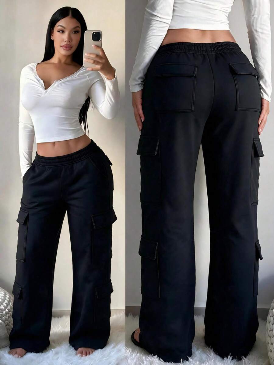 Minimalist Casual Pocket Straight Leg Loose Fit Daily Commute Women's Cargo Pants - Black - View 1