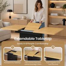Extendable Dining Table And Chairs Set Of 6, Rectangular Dining Table With Storage Rack And Padded Chairs, Durable Dining Furniture Set Suitable For Dining Room And Kitchen - Wood & Black Table + Black PU Chair - View 9