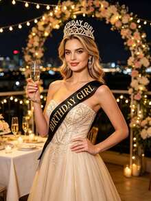 2pcs Women's Rhinestone Birthday Crown, Party Decoration Crown, Headband, Ball Shoulder Strap Headpiece Set, Suitable For Birthday Party, Wedding, Photo Props - Multicolor - View 2
