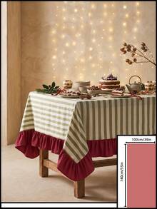 1pc Green & White Thin Striped With Burgundy Ruffle Edge Tablecloth, Christmas Holiday Style Fabric Material, Rectangular Burgundy Ruffle Edge Patchwork Detail, Stain-Resistant Protection, Tabletop Decoration And Beautification Function, Suitable For Christmas Dessert Table Arrangement And Holiday Party Scenes - Red - View 14