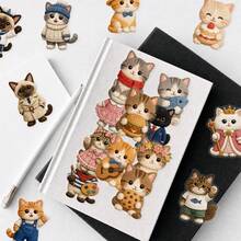 50Pcs Cute Cat Aesthetic Stickers, Fluffy Dress-Up Kitten Character Stickers, Easy To Apply And Remove, PET Waterproof Self-Adhesive Stickers For Journals, Planners, Laptops, Water Bottles, Suitcases And Bumpers School Supplies - Multicolor - View 5