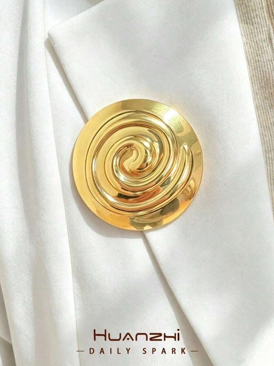 1pc Vintage Gold Stainless Steel Spiral Brooch, Geometric Round Large Brooch, Coat & Suit Accessory - Gold - View 1