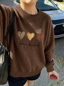 Plus-Size Women's Top Featuring A Three-Color Heart Pattern And The Slogan "Be Kind To Others"; Soft, Comfortable, Stylish, And Elegant. - Dark Ochre - View 6