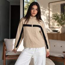 Women's Autumn Zip-Up Colorblock Bomber Jacket, Street Style Casual Sports Outerwear For Halloween - Khaki - View 5